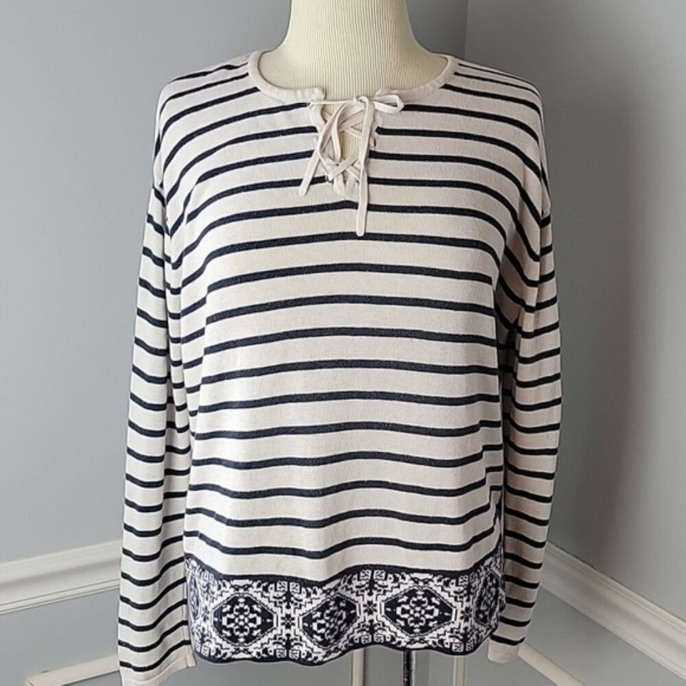 J.JILL Black White Striped Southwestern Print Lace Up Nautical Boho Sweater Top